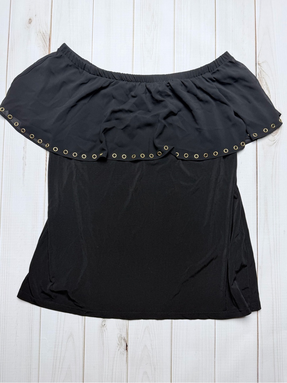 Chicos Off-Shoulder Black Ruffle Top with Grommet Trim